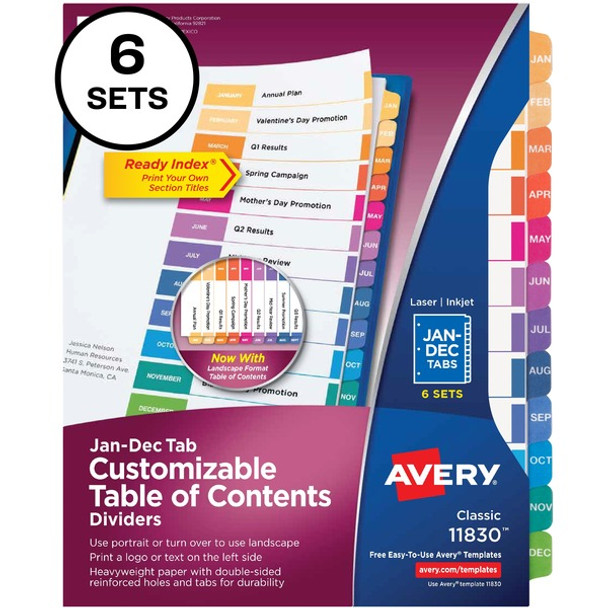 Avery&reg; Ready Index 12 Tab Dividers, Customizable TOC, 6 Sets - 72 x Divider(s) - Jan-Dec, Table of Contents - 12 Tab(s)/Set - 8.5" Divider Width x 11" Divider Length - 3 Hole Punched - White Paper Divider - Multicolor Paper Tab(s) - 6 / Pack