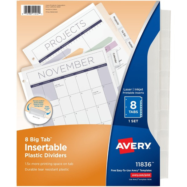 Avery&reg; Big Tab Insertable Plastic Dividers - 8 x Divider(s) - 8 - 8 Tab(s)/Set - 8.9" Divider Width x 11" Divider Length - 3 Hole Punched - Clear Plastic Divider - Clear Plastic Tab(s) - 12