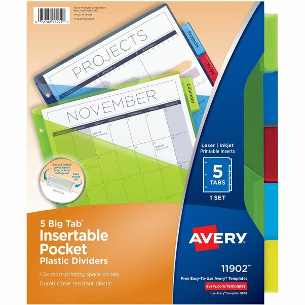 Avery&reg; Big Tab Insertable Pocket Dividers - 5 x Divider(s) - 5 - 5 Tab(s)/Set - 9.3" Divider Width x 11.13" Divider Length - 3 Hole Punched - Translucent Plastic, Multicolor Divider - Multicolor Plastic Tab(s)