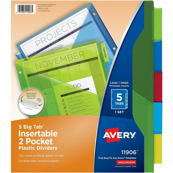 Avery&reg; Big Tab Insertable 2-Pocket Dividers - 5 x Divider(s) - 5 - 5 Tab(s)/Set - 9.3" Divider Width x 11.13" Divider Length - 3 Hole Punched - Multicolor Plastic Divider - Multicolor Plastic Tab(s) - 1