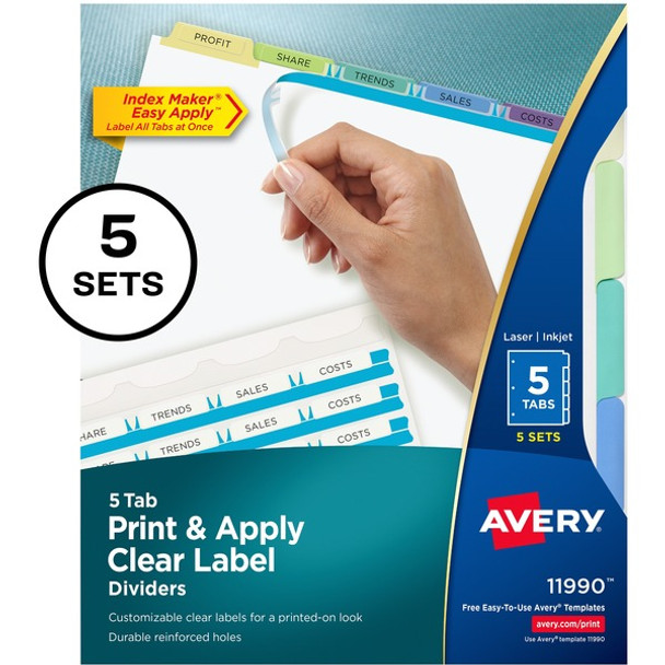 Avery&reg; Index Maker Index Divider - 25 x Divider(s) - Print-on Tab(s) - 5 - 5 Tab(s)/Set - 8.5" Divider Width x 11" Divider Length - 3 Hole Punched - White Paper Divider - Multicolor Paper Tab(s) - 5 / Pack