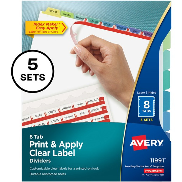 Avery&reg; Index Maker Index Divider - 40 x Divider(s) - Print-on Tab(s) - 8 - 8 Tab(s)/Set - 8.5" Divider Width x 11" Divider Length - 3 Hole Punched - White Paper Divider - Multicolor Paper Tab(s) - Recycled - 5 / Pack
