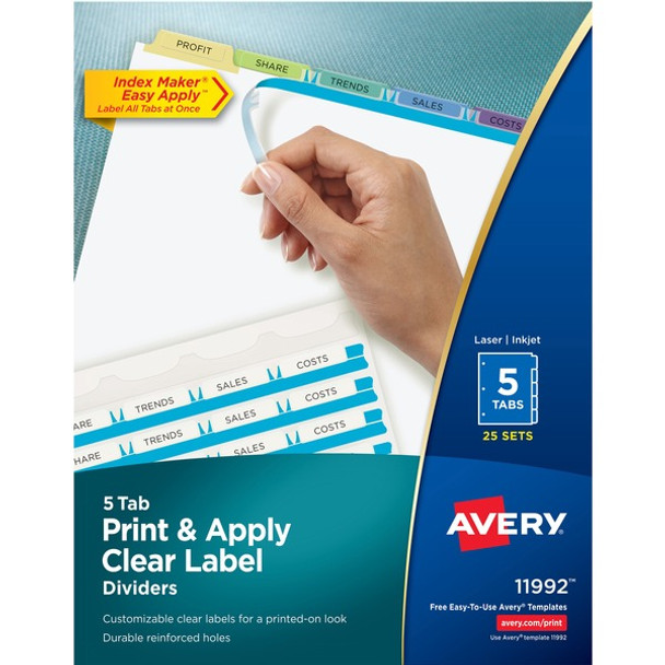 Avery&reg; Index Maker Index Divider - 125 x Divider(s) - Print-on Tab(s) - 5 - 5 Tab(s)/Set - 8.5" Divider Width x 11" Divider Length - 3 Hole Punched - White Paper Divider - Multicolor Paper Tab(s) - 25 / Box