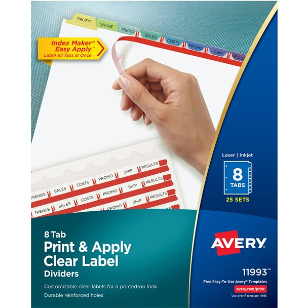 Avery&reg; Index Maker Index Divider - 200 x Divider(s) - Print-on Tab(s) - 8 - 8 Tab(s)/Set - 8.5" Divider Width x 11" Divider Length - 3 Hole Punched - White Paper Divider - Multicolor Paper Tab(s) - 25 / Box