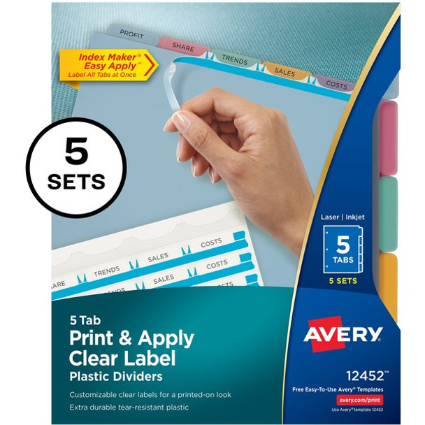 Avery&reg; Index Maker Index Divider - 25 x Divider(s) - Print-on Tab(s) - 5 - 5 Tab(s)/Set - 8.5" Divider Width x 11" Divider Length - 3 Hole Punched - Translucent Plastic Divider - Multicolor Plastic Tab(s) - 1