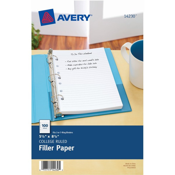 Avery&reg; Filler paper for 3-Ring/7-Ring Mini Binders - College Ruled - 7 Hole(s) - 5 1/2" x 8 1/2" - White Paper - Mediumweight - 100 / Pack