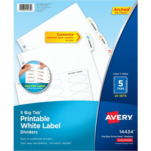 Avery&reg; Big Tab Printable White Label Dividers - 100 x Divider(s) - 5 - 5 Tab(s)/Set - 8.5" Divider Width x 11" Divider Length - 3 Hole Punched - White Paper Divider - White Paper Tab(s) - Recycled - 20 / Box