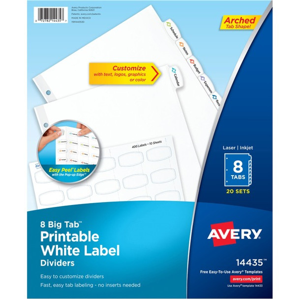 Avery&reg; Big Tab Printable White Label Dividers - 160 x Divider(s) - 8 - 8 Tab(s)/Set - 8.5" Divider Width x 11" Divider Length - 3 Hole Punched - White Paper Divider - White Paper Tab(s) - Recycled - 20 / Box