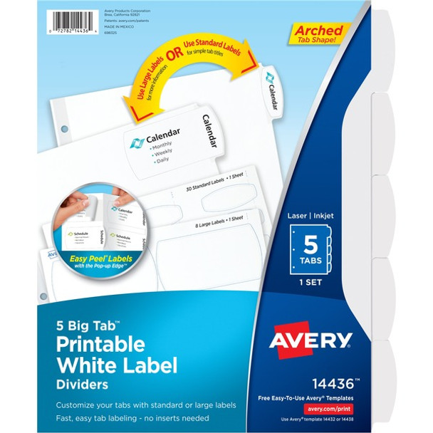 Avery&reg; Big Tab Printable White Label Dividers - 5 x Divider(s) - 5 - 5 Tab(s)/Set - 8.5" Divider Width x 11" Divider Length - 3 Hole Punched - White Paper Divider - White Paper Tab(s) - Recycled - 36 / Carton