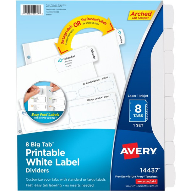 Avery&reg; Big Tab Printable White Label Dividers - 8 x Divider(s) - 8 - 8 Tab(s)/Set - 8.5" Divider Width x 11" Divider Length - 3 Hole Punched - White Paper Divider - White Paper Tab(s) - Recycled - 36 / Carton