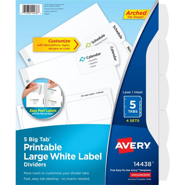 Avery&reg; Big Tab Printable Large White Label Dividers - 20 x Divider(s) - 5 - 5 Tab(s)/Set - 8.5" Divider Width x 11" Divider Length - 3 Hole Punched - White Paper Divider - White Paper Tab(s) - Recycled - 4 / Pack
