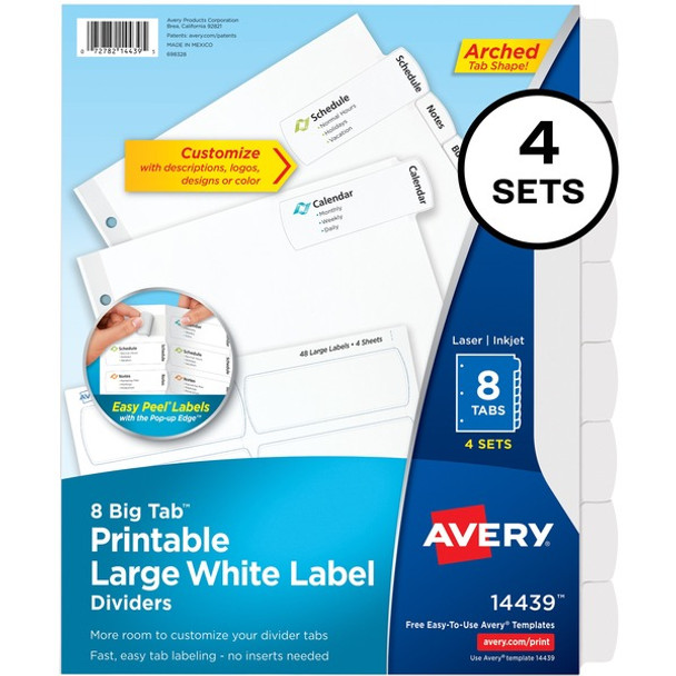 Avery&reg; Big Tab Tab Divider - 32 x Divider(s) - 8 - 8 Tab(s)/Set - 8.5" Divider Width x 11" Divider Length - 3 Hole Punched - White Paper Divider - White Paper Tab(s) - Recycled - 4 / Pack