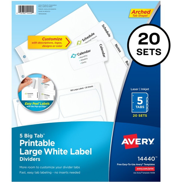 Avery&reg; Big Tab Tab Divider - 100 x Divider(s) - 5 - 5 Tab(s)/Set - 8.5" Divider Width x 11" Divider Length - 3 Hole Punched - White Paper Divider - White Paper Tab(s) - Recycled - 20 / Box