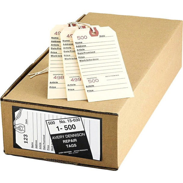 Avery&reg; Duplicate Repair Tags - 5.25" Length x 2.63" Width - Rectangular - 1 to 500 Print Serial - String Fastener - 500 / Box - Card Stock - Manila