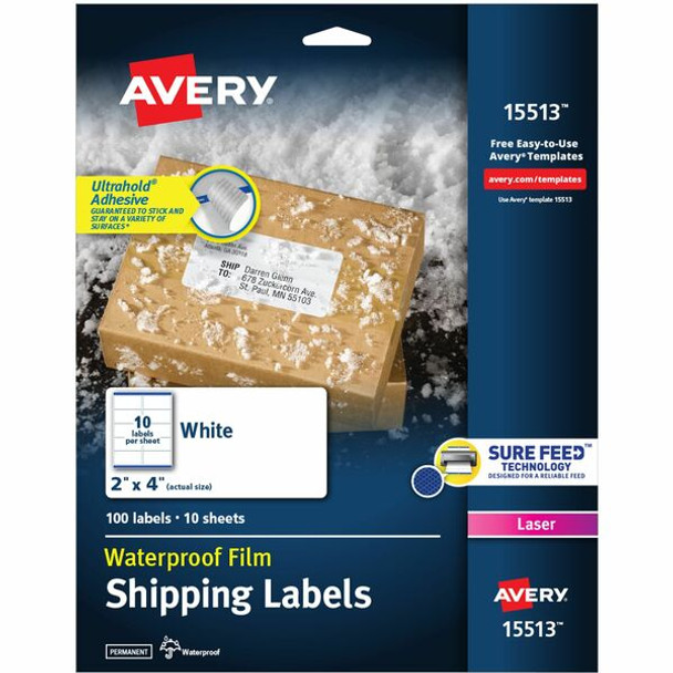 Avery&reg; Waterproof Shipping Labels with Ultrahold&reg; Permanent Adhesive, 2" x 4" , 100 Labels for Laser Printers (15513) - Avery&reg; 2" x 4" Labels, Ultrahold&reg;, 100 Labels (15513)