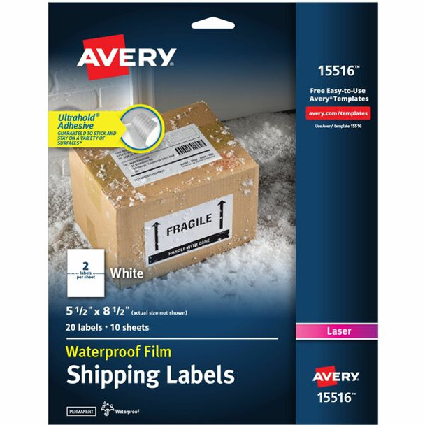 Avery&reg; Waterproof Shipping Labels with Ultrahold&reg; Permanent Adhesive, 5-1/2" x 8-1/2" , 20 Labels for Laser Printers (15516) - Avery&reg; 5-1/2" x 8-1/2" Labels, Ultrahold&reg;, 20 Labels (15516)