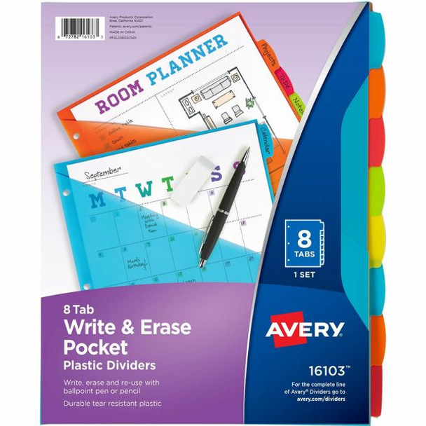 Avery&reg; Write & Erase 8-Tab Plastic Dividers, Pockets, Brights (16103) - Multicolor - Plastic - 2