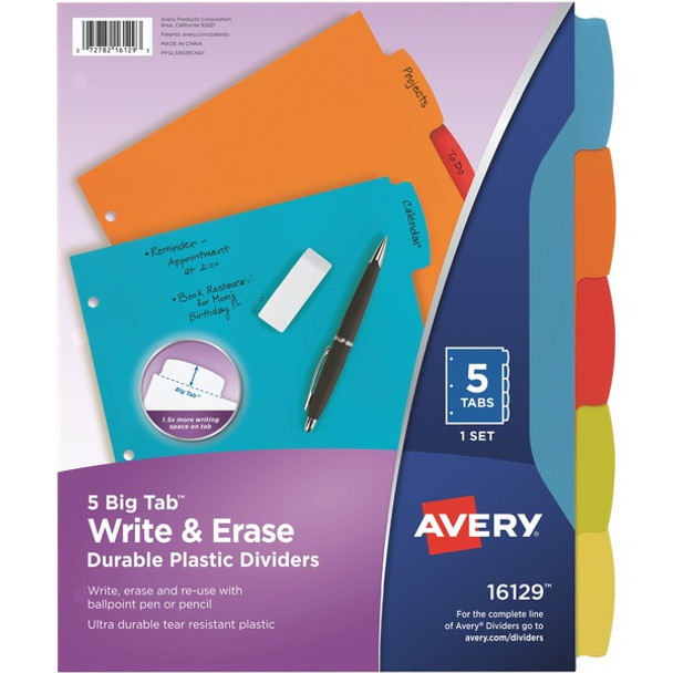 Avery&reg; Big Tab Write & Erase Durable Plastic Dividers - 5 x Divider(s) - 5 Write-on Tab(s) - 5 - 5 Tab(s)/Set - 8.5" Divider Width x 11" Divider Length - 3 Hole Punched - Multicolor Plastic Divider - Multicolor Plastic Tab(s) - 24 / Carton