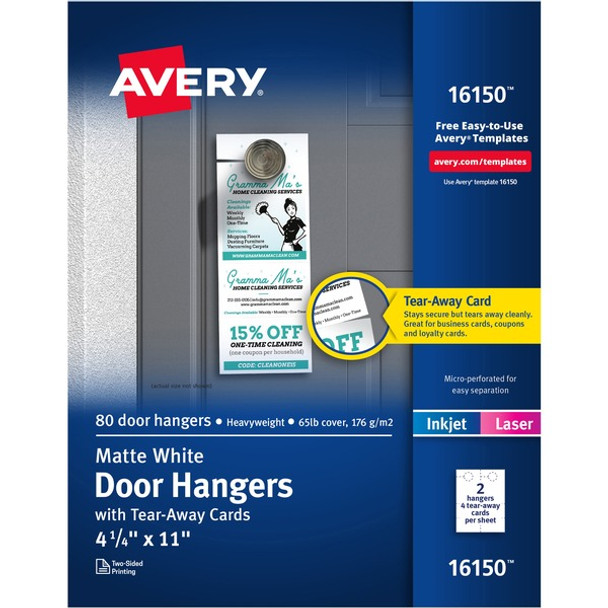 Avery&reg; Laser Inkjet Tear-Away Cards Door Hanger - 80 / Pack - Double-sided, Sturdy, Printable - White