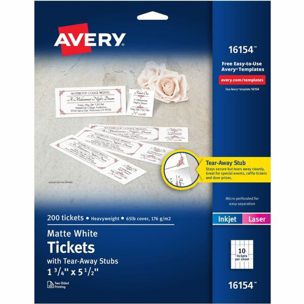 Avery&reg; Blank Tickets with Tear-Away Stubs - 1 3/4" Width x 5 1/2" Length - Laser, Inkjet - Matte White - 20 / Sheet - 200 / Pack