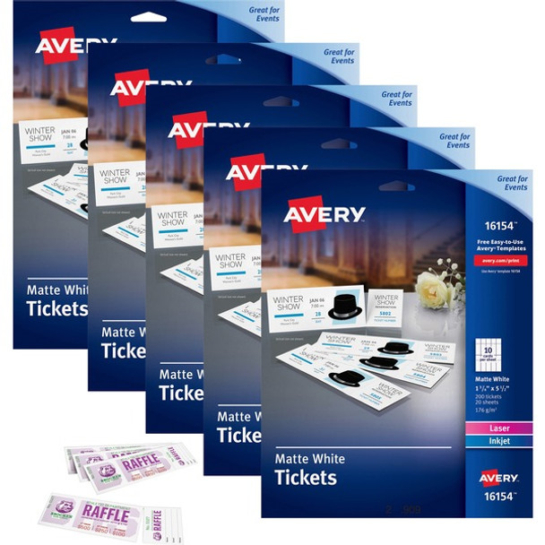 Avery&reg; Blank Tickets with Tear-Away Stubs - 1 3/4" Width x 5 1/2" Length - Laser, Inkjet - Matte White - 20 / Sheet - 1000 / Carton