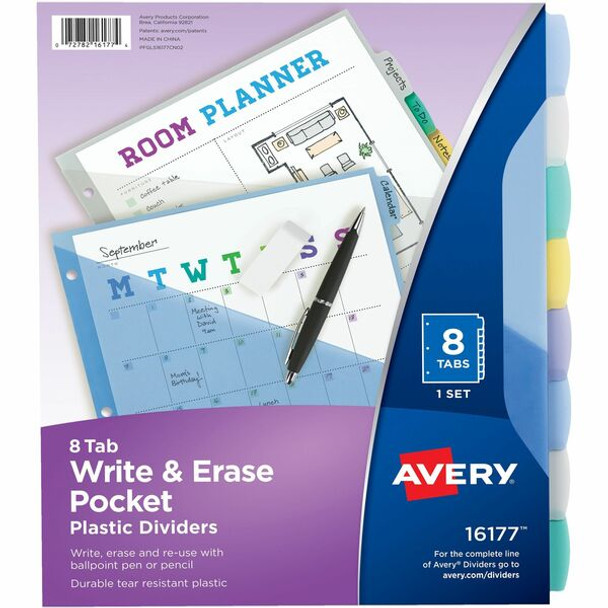 Avery&reg; Write & Erase Pocket Dividers - 8 x Divider(s) - 8 Write-on Tab(s) - 8 - 8 Tab(s)/Set - 9.3" Divider Width x 11.13" Divider Length - 3 Hole Punched - Multicolor Plastic Divider - Multicolor Plastic Tab(s) - 8 / Set