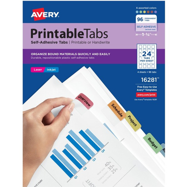 Avery&reg; Printable Repositionable Tabs - 96 Tab(s)1.25" Tab Width - Permanent - Paper Divider - Assorted Paper Tab(s) - 96 / Pack