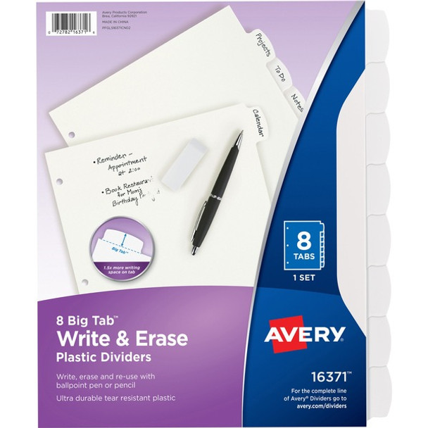 Avery&reg; Big Tab Write & Erase Dividers - 8 x Divider(s) - Write-on Tab(s) - 8 - 8 Tab(s)/Set - 8.5" Divider Width x 11" Divider Length - 3 Hole Punched - White Plastic Divider - White Plastic Tab(s) - 8 / Set