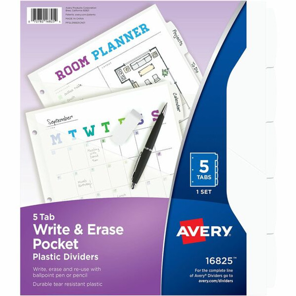 Avery&reg; Write & Erase Pocket Plastic Dividers - 5 x Divider(s) - 5 Write-on Tab(s) - 5 - 5 Tab(s)/Set - 9.3" Divider Width x 11.13" Divider Length - 3 Hole Punched - White Plastic Divider - White Plastic Tab(s) - 2