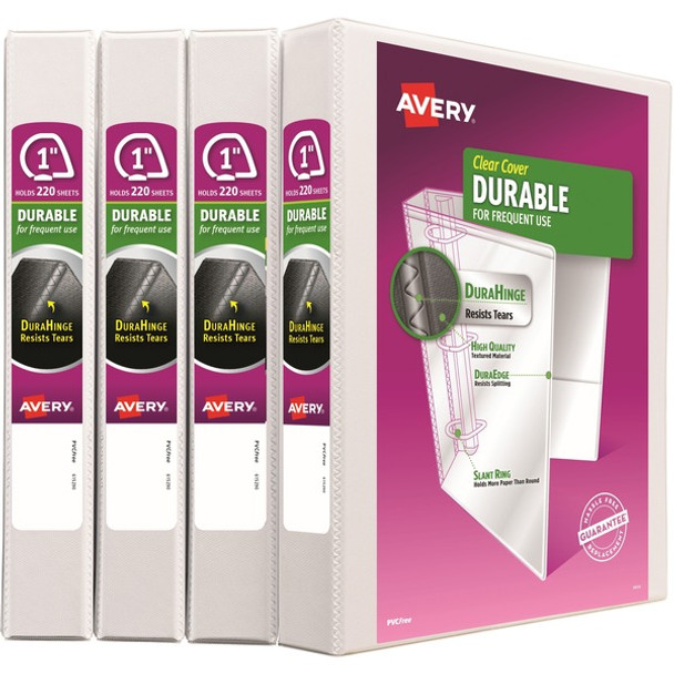 Avery&reg; Durable View 3 Ring Binder - 1" Binder Capacity - Letter - 8 1/2" x 11" Sheet Size - 250 Sheet Capacity - 3 x Slant Ring Fastener(s) - 2 Pocket(s) - Pocket, Durable, Tear Resistant, Flexible, Split Resistant, Sturdy - 4 / Carton