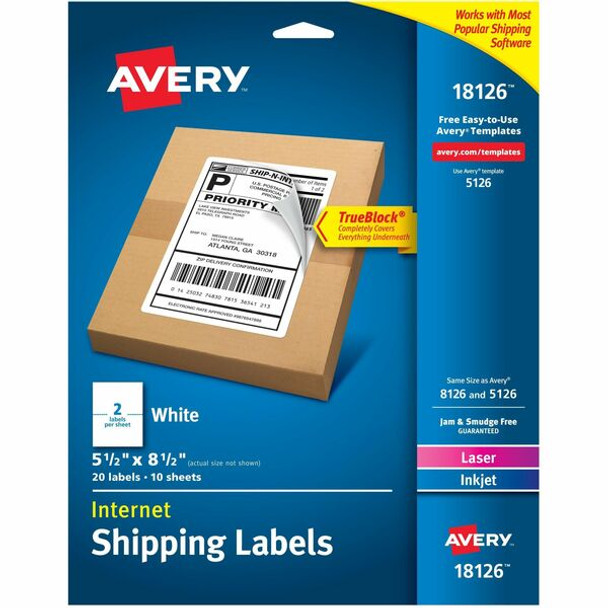 Avery&reg; Internet Shipping Labels, TrueBlock&reg; Technology, Permanent Adhesive, 5-1/2" x 8-1/2" , 20 Labels (18126) - Avery Internet Shipping Labels, 5-1/2" x 8-1/2" , 20 Labels (18126)