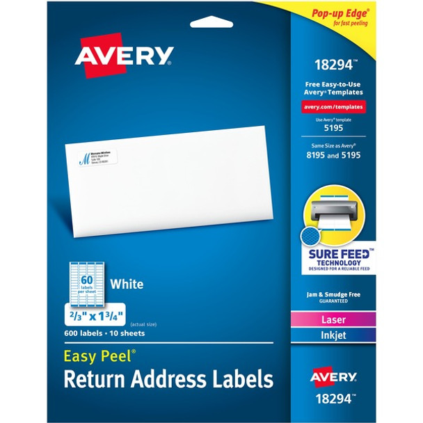 Avery&reg; Easy Peal Sure Feed Address Labels - Permanent Adhesive - Rectangle - Laser, Inkjet - White - Paper - 60 / Sheet - 50 Total Sheets - 3000 Total Label(s) - 5 / Carton