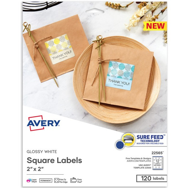 Avery&reg; Printable Square Labels, 22565, 2&rdquo;W x 2&rdquo;D, Glossy White, Pack Of 120 Labels - 2" Width x 2" Length - Permanent Adhesive - Square - Laser, Inkjet - White - Paper - 12 / Sheet - 10 Total Sheets - 120 Total Label(s) - 120 / Pack