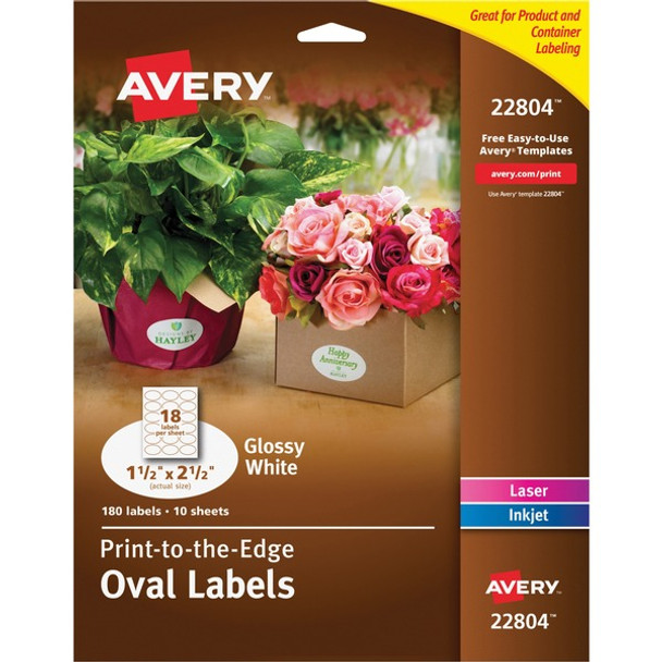 Avery&reg; Glossy White Labels - Sure Feed Technology - 2 1/2" Width x 1 1/2" Length - Permanent Adhesive - Oval - Laser, Inkjet - White - Paper - 18 / Sheet - 10 Total Sheets - 180 Total Label(s)
