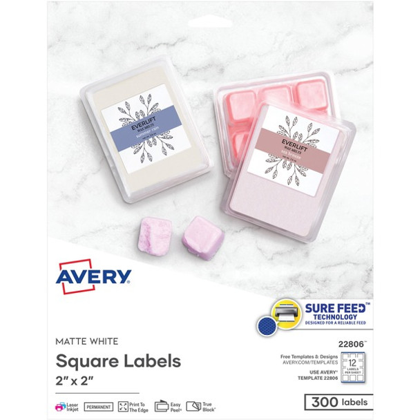 Avery&reg; Easy Peel Sure Feed Labels - Print-to-the-Edge - 2" Width x 2" Length - Permanent Adhesive - Square - Laser, Inkjet - Matte White - Paper - 12 / Sheet - 25 Total Sheets - 300 Total Label(s) - 300 / Pack
