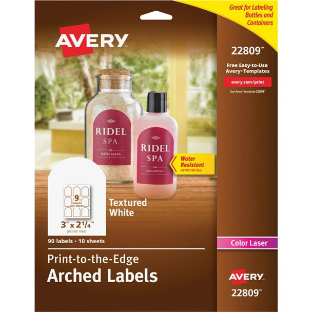 Avery&reg; Arched Labels - Sure Feed - Print-to-the-Edge - 3" Width x 2 1/4" Length - Permanent Adhesive - Arched Rectangle - Laser - Matte White - Paper - 9 / Sheet - 10 Total Sheets - 90 Total Label(s) - 90 / Pack - Water Resistant