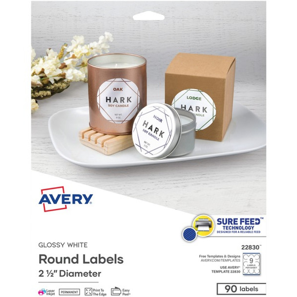 Avery&reg; Circle Labels - Sure Feed Technology - - Width2 1/2" Diameter - Permanent Adhesive - Round - Laser, Inkjet - Bright White - Paper - 9 / Sheet - 10 Total Sheets - 90 Total Label(s) - 90 / Pack