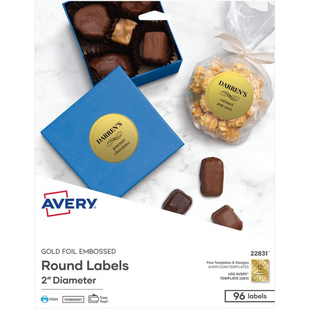 Avery&reg; Promotional Label - - Width2" Diameter - Permanent Adhesive - Round - Inkjet - Gold - Paper - 12 / Sheet - 8 Total Sheets - 96 Total Label(s) - 5