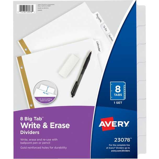 Avery&reg; Big Tab Eraseable Write-On Dividers - 8 x Divider(s) - 8 Write-on Tab(s) - 8 - 8 Tab(s)/Set - 8.5" Divider Width x 11" Divider Length - 3 Hole Punched - White Paper Divider - White Paper Tab(s) - Recycled - 8 / Set