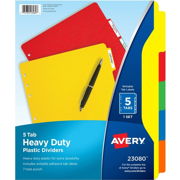 Avery&reg; Plastic Tab Dividers w/ White Labels - 5 x Divider(s) - 5 Tab(s) - 5 - 5 Tab(s)/Set - 8.5" Divider Width x 11" Divider Length - 7 Hole Punched - Self-adhesive - Multicolor Plastic Divider - Multicolor Plastic Tab(s) - 1