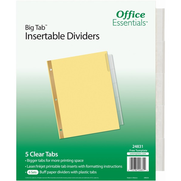 Avery&reg; Office Essentials Big Tab Insertable Dividers - 240 x Divider(s) - 240 Tab(s) - 5 - 5 Tab(s)/Set - 8.5" Divider Width x 11" Divider Length - 3 Hole Punched - Buff Paper Divider - Clear Plastic Tab(s) - Recycled - 48 / Carton