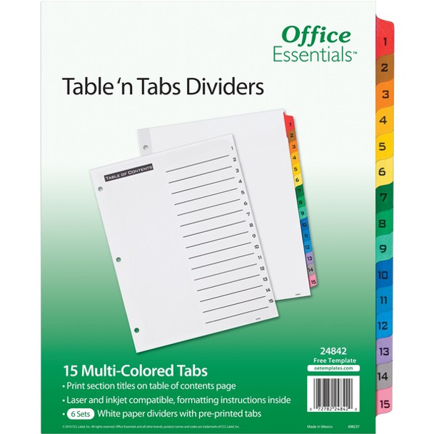 Avery&reg; Table 'N Tabs Numeric Dividers - 360 x Divider(s) - 360 Tab(s) - 1-15 - 15 Tab(s)/Set - 8.5" Divider Width x 11" Divider Length - 3 Hole Punched - White Paper Divider - Multicolor Paper Tab(s) - 4 / Carton