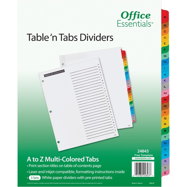 Avery&reg; Table 'n Tabs Multicolored Tab A-Z Dividers - 288 x Divider(s) - 288 Tab(s) - A-Z - 26 Tab(s)/Set - 8.5" Divider Width x 11" Divider Length - 3 Hole Punched - White Paper Divider - Multicolor Paper Tab(s) - 4 / Carton