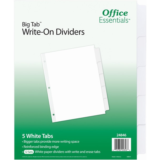 Avery&reg; Office Essentials Big Tab Write-On Tab Dividers - 60 x Divider(s) - 5 Write-on Tab(s) - 5 - 5 Tab(s)/Set - 8.5" Divider Width x 11" Divider Length - 3 Hole Punched - White Paper Divider - White Paper Tab(s) - 4 / Carton
