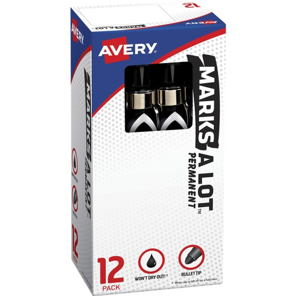Avery&reg; Marks-A-Lot Desk-Style Permanent Markers - Bullet Marker Point Style - Black - Black Barrel - 1 Dozen
