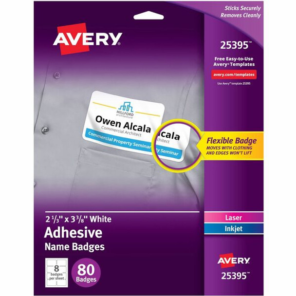 Avery&reg; Adhesive Name Badges - Removable Adhesive - Rectangle - Laser, Inkjet - White - Film - 8 / Sheet - 10 Total Sheets - 80 Total Label(s) - 5 / Carton