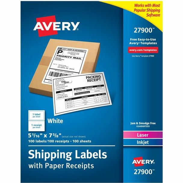 Avery&reg; Shipping Labels Paper Receipts, Permanent Adhesive, 5-1/16" x 7-5/8" , 100 Labels (27900) - Avery Shipping Labels with Receipt, 5-1/16" x 7-5/8" 100 Count (27900)