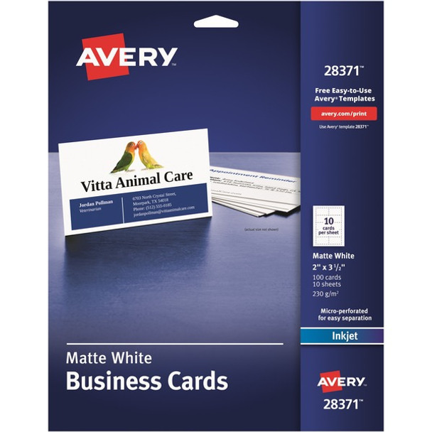 Avery&reg; Printable Business Cards with SureFeed - 97 Brightness - 2" x 3 1/2" - 80 lb Basis Weight - 216 g/m&#178; Grammage - Matte - 5 / Carton - Perforated, Smooth Edge, Recyclable, Biodegradable, Uncoated - White