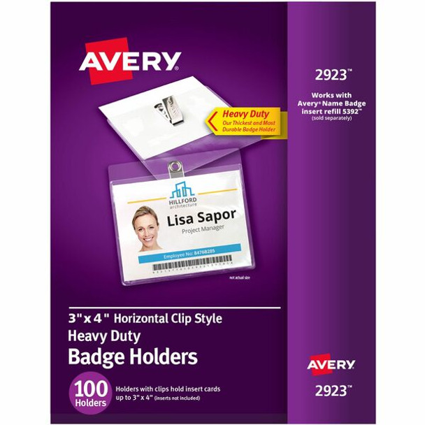 Avery&reg; Heavy-Duty Badge Holders - Clip Style - Support 3" x 4" Media - Horizontal - 4" x 3" - Plastic - 100 / Box - Clear