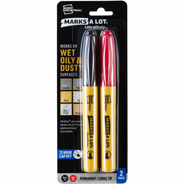 Avery&reg; UltraDuty Markers, Chisel Tip, 2 Assorted Markers (29863) - Bold, Narrow Marker Point - 1 mm Marker Point Size - Chisel Marker Point Style - Black, Red - Polyester Tip - 2 Pack